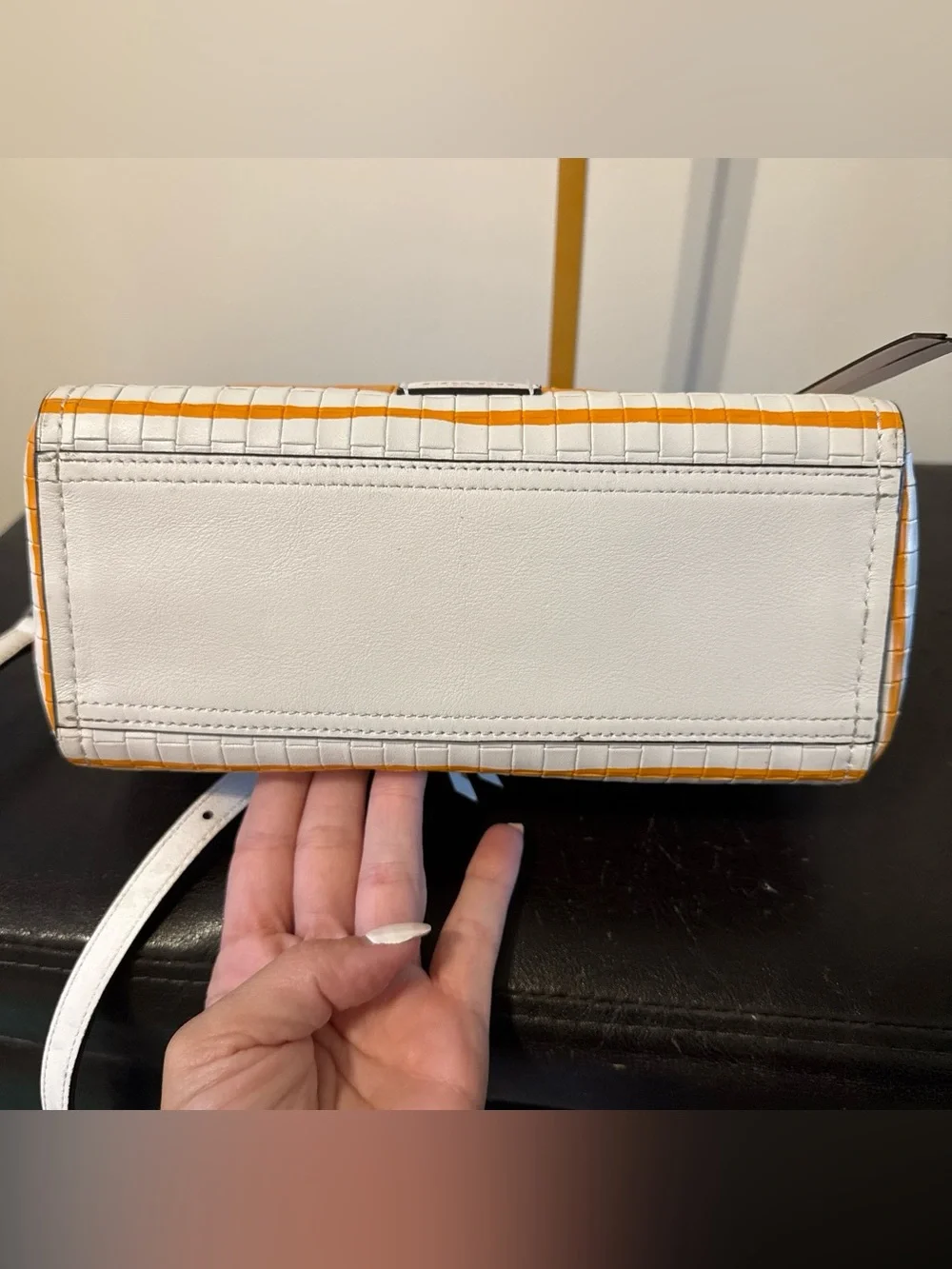 COACH Bleeker Mini Riley Carryall White & Orange Woven Leather